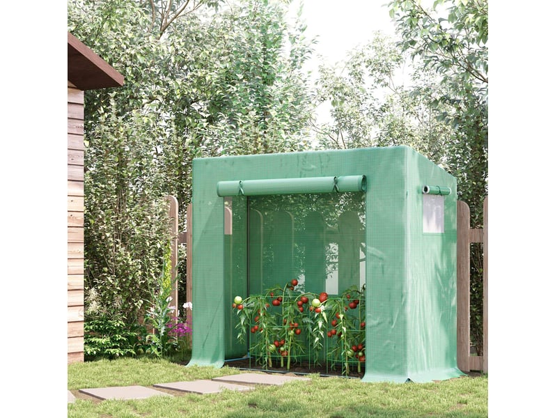  Serre de jardin 200 x 76 x 168 cm – verte – porte enroulable et 2 fenêtres latérales, film pe maillé  - Conforama B