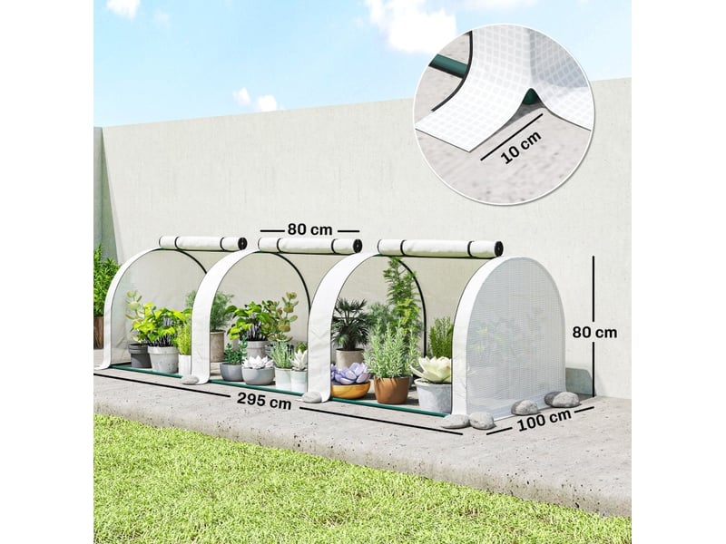 Serre tunnel 295x100x80 cm 3 fenêtres zippées cadre en acier blanc - Conforama E