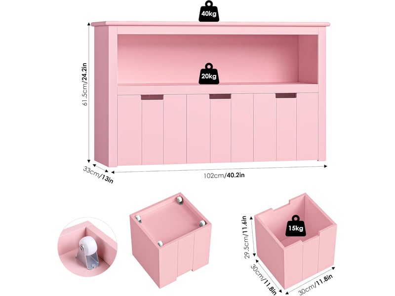  Meuble rangement jouet bibliothèque pour enfants étagère armoire de rangement avec 3 tiroirs roulants rose 102x33x61.5cm  - Conforama C