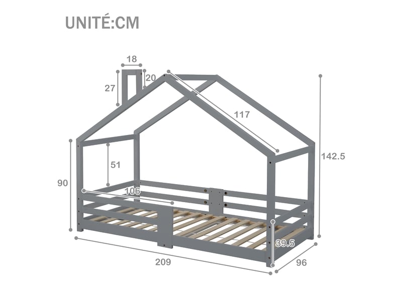  Lit cabane en pin massif, lit simple avec barrières et cheminée décorative, 90x200 cm, sans matelas, gris  - Conforama D
