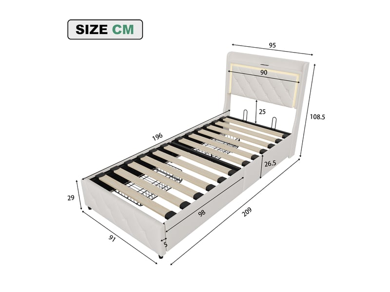  Lit simple rembourré 90x200cm,lit 90x200cm avec led et chargement usb,2 tiroirs,lit adulte,sommier à lattes,velours,beige  - Conforama C