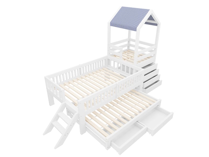 Lit gigogne 90x190 cm - lit cabane enfant 90x200 cm - 4 tiroirs, escalier et toit en tissu - bois massif blanc - Conforama R
