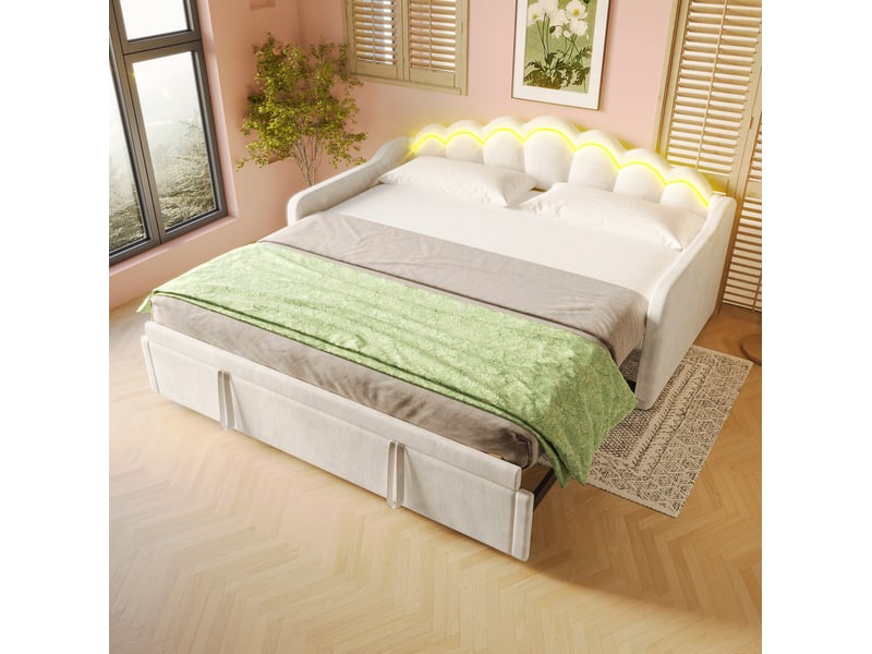  Lit gigogne 90x200 cm en velours beige avec led multicolore  - Conforama B