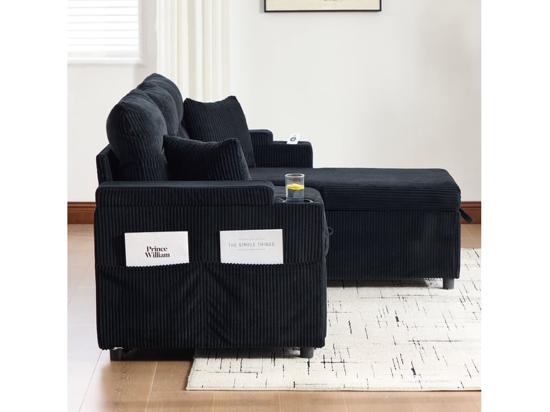  Canapé convertible tcqpz 3 places avec méridienne coffre, lit coulissant, usb-c et porte-gobelets en velours côtelé noir 212,5 x 136 x 86 cm  - Conforama D
