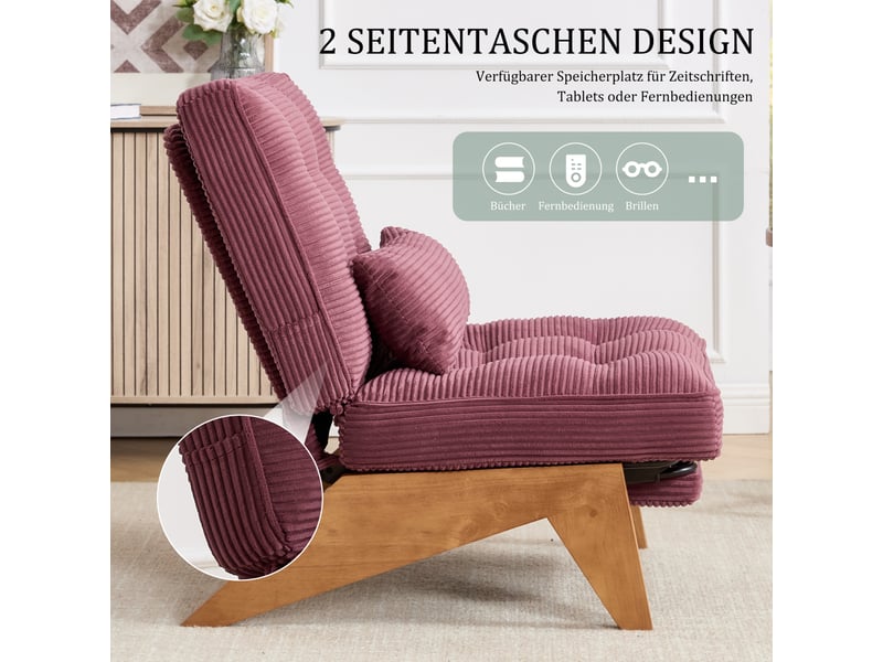  Fauteuil de salon 127x73x90cm – pas d'accoudoirs - avec repose-pieds rétractable, dossier inclinable et coussin lombaire – velours côtelé - rouge  - Conforama E