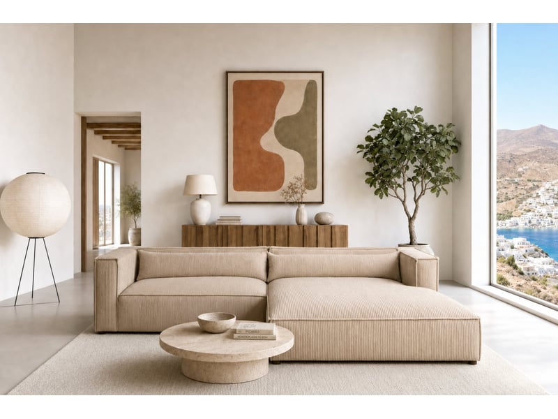  Tilos - canapé d'angle petit velours côtelé 4 places beige gauche  - Conforama B