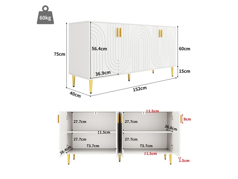 Buffet bas blanc 152 x 40 x 75 cm en mdf, 4 portes, motif ondulé et détails dorés - Conforama C