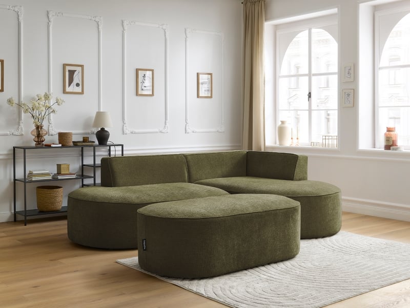 Bobochic canapé d'angle fixe rousseau tissu texturé avec pouf vert angle droit ROUSSEAU - Conforama C