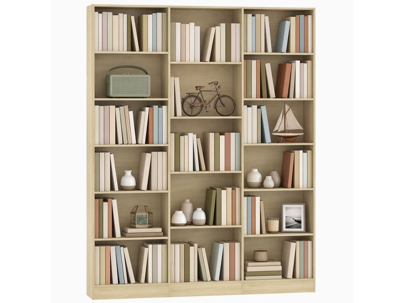  Bibliothèque 6 niveaux, étagère de rangement avec 17 compartiments et étagères réglables, 149 x 23,6 x 188 cm, chêne  - Conforama A