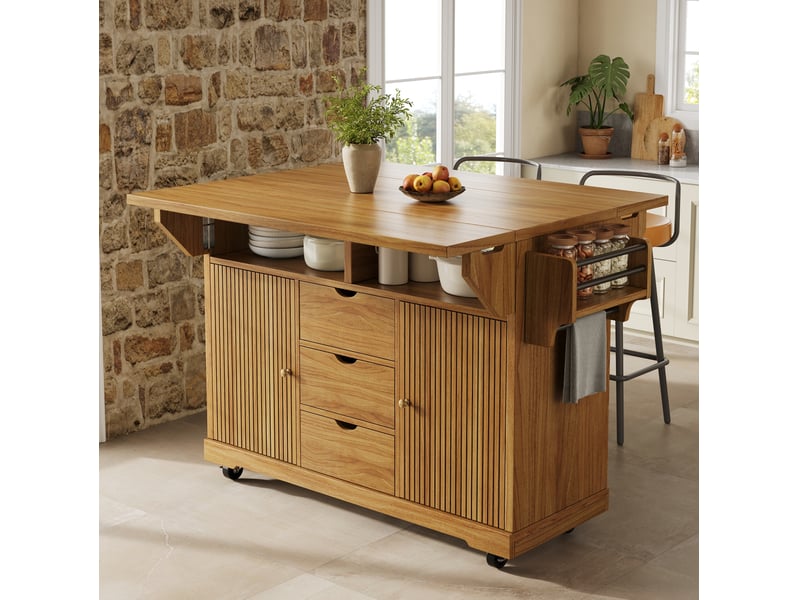  Desserte cuisine 142,5 x 80 x 95 cm, 3 tiroirs, plateaux rabattables, marron foncé  - Conforama E