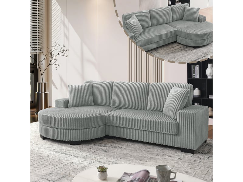  Canapé d'angle, canapé modulable, 4 places, en velours tricoté, gris, 2 coussins inclus, 256,5 x 133,5 x 89 cm, avec pouf  - Conforama A
