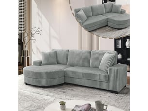 Canapé d'angle, canapé modulable, 4 places, en velours tricoté, gris, 2 coussins inclus, 256,5 x 133,5 x 89 cm, avec pouf