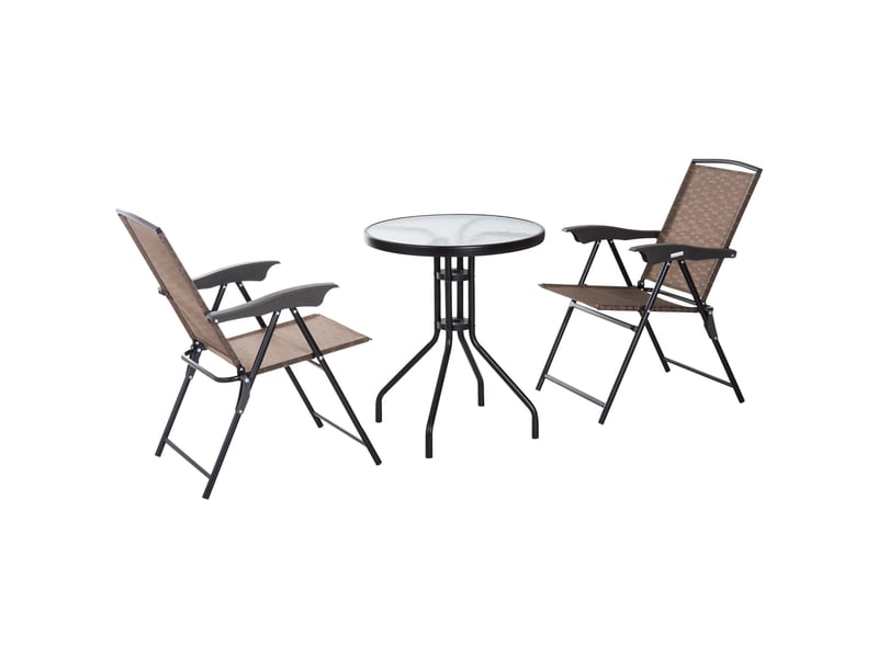  Ensemble table + 2 chaises, jardinterrasse, pliante dossier 4 positions, textilène, acier, marron.  - Conforama B