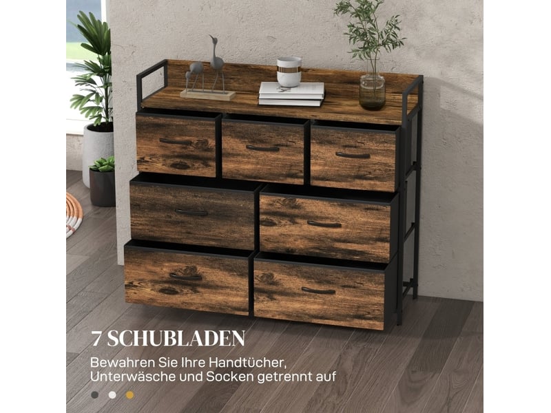 Buffet bas 98x29x85 cm marron, 7 tiroirs en polyester, structure mdf et acier, rangement avec anti-basculement - Conforama B