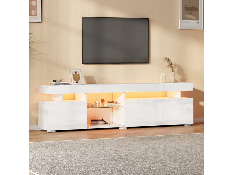  Meuble tv 180x35x45cm - meuble bas brillant avec 3 portes, étagères réglables en verre trempé, pour tv jusqu’à 80pouces, panneau de particules - blanc  - Conforama E
