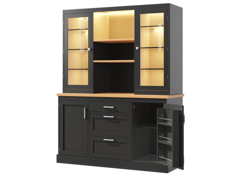  Armoire cuisine led avec app, plan de travail, 185x140x40 cm, 3 tiroirs, étagères réglables, noirblancvert  - Conforama D
