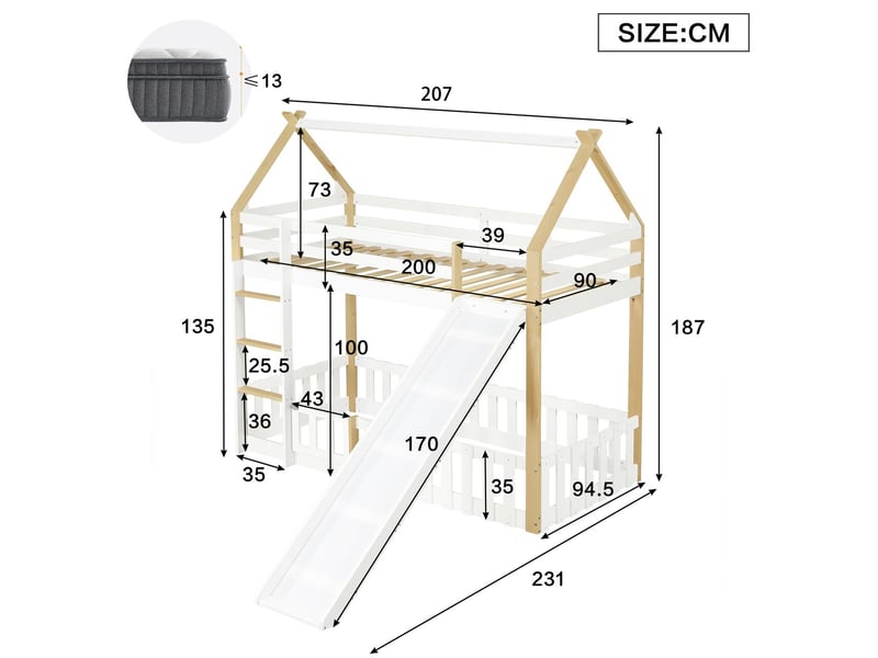  Lit superposé enfant 90x200, sécurité garde-corps lit cabane, toboggan intégré, espace de jeu  - Conforama C