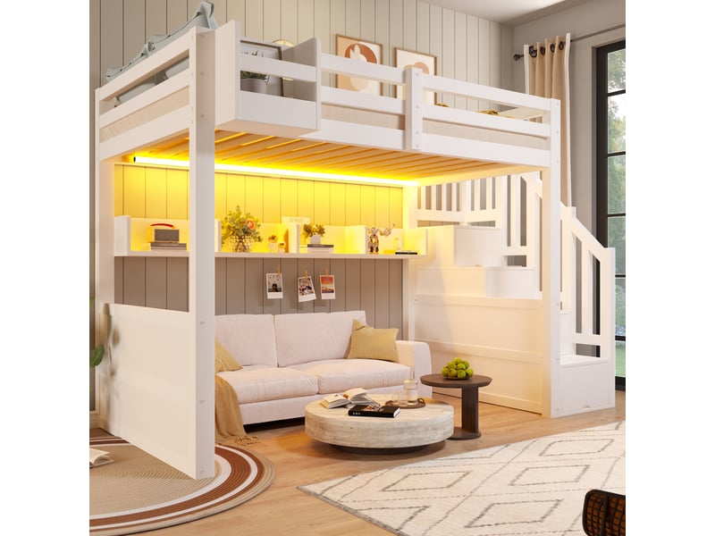 Lit mezzanine enfant 90x200 cm en bois avec escalier de rangement, armoire intégrée, 4 compartiments sous lit et éclairage led, blanc - Conforama B