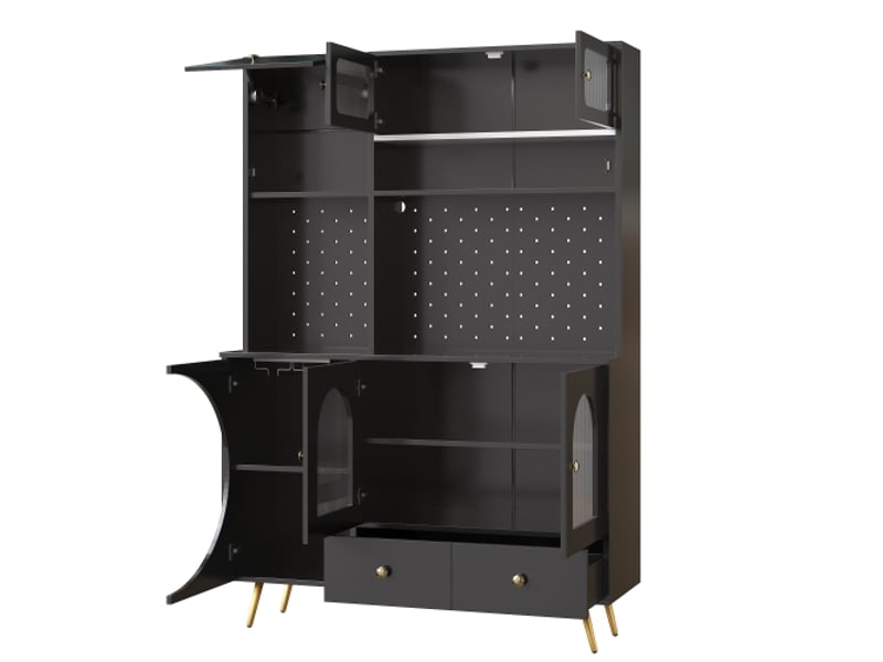  Buffet moderne led noir - colonne cuisine usb et prises, armoire perforée avec tiroir et étagères en verre  - Conforama A