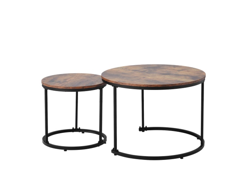  Lot de 2 tables basses gigognes marron avec structure noire et plateau grain de bois foncé  - Conforama E