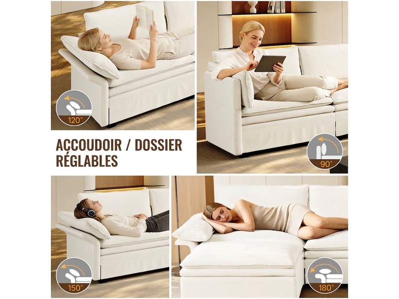  Canapé modulable en chenille angle 4 places 315 cm - recharge sans fil, rangement, lumière  - Conforama D