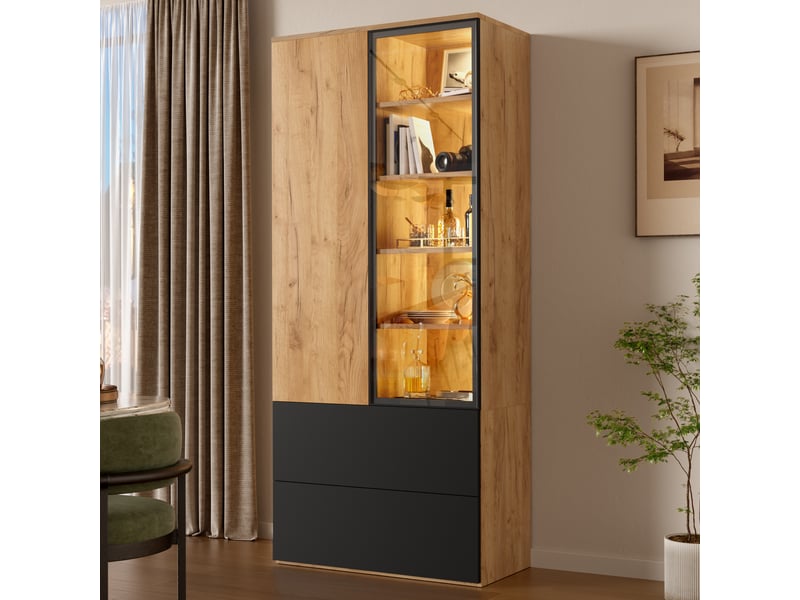 Vitrine led 70x35x160 cm avec 2 portes en verre, 2 tiroirs et 6 étagères réglables, meuble vitrine avec éclairage, panneau de particules ,bois naturel OMNIGLINT TRADING LTD - Conforama B