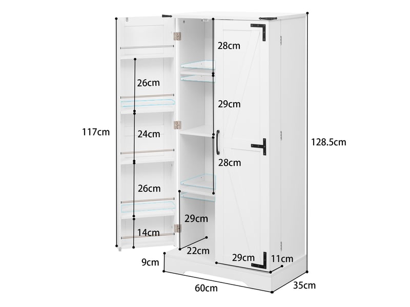  Buffet étroit 60 cm largeur, hauteur 128,5 cm, meuble cuisine blanc avec 2 portes et 10 étagères ajustables  - Conforama C