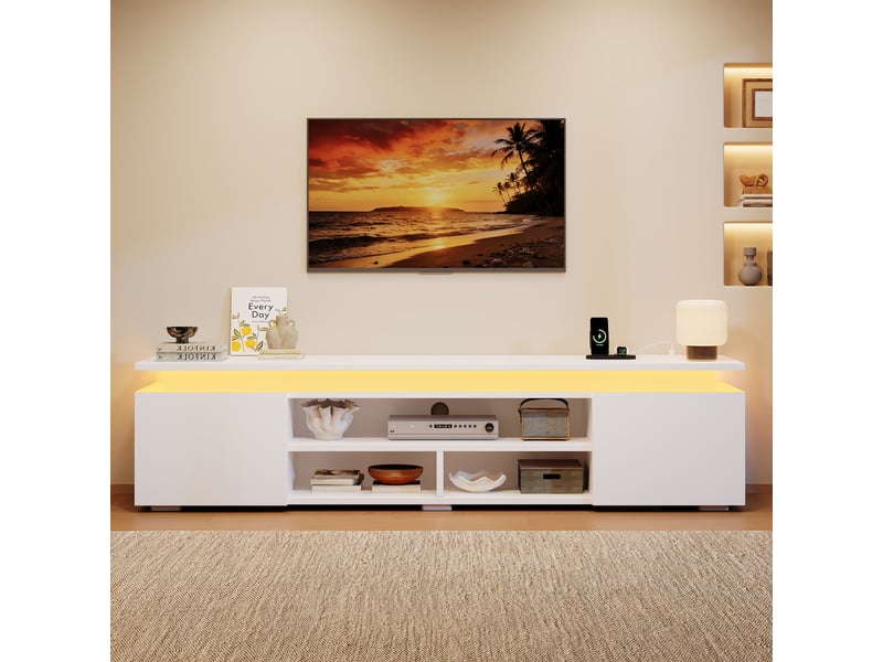  Meuble tv 180x35x42 cm blanc en mdf avec led rgb et rangement  - Conforama E