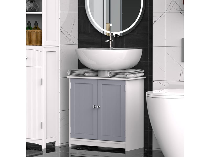  Meuble sous lavabo salle de bain, 2 portes et étagère, mdf gris et blanc, 60 x 30 x 60 cm  - Conforama D