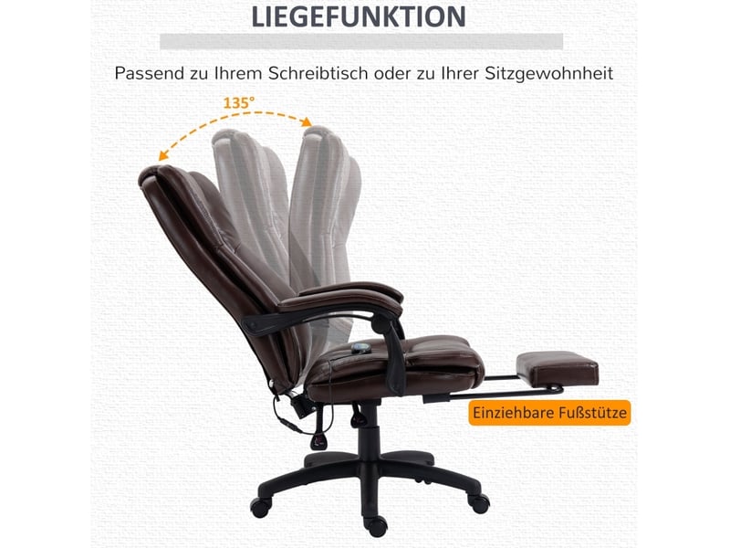  Fauteuil de bureau massant marron en cuir régénéré, inclinable à 135° avec repose-pieds et appui-tête  - Conforama E