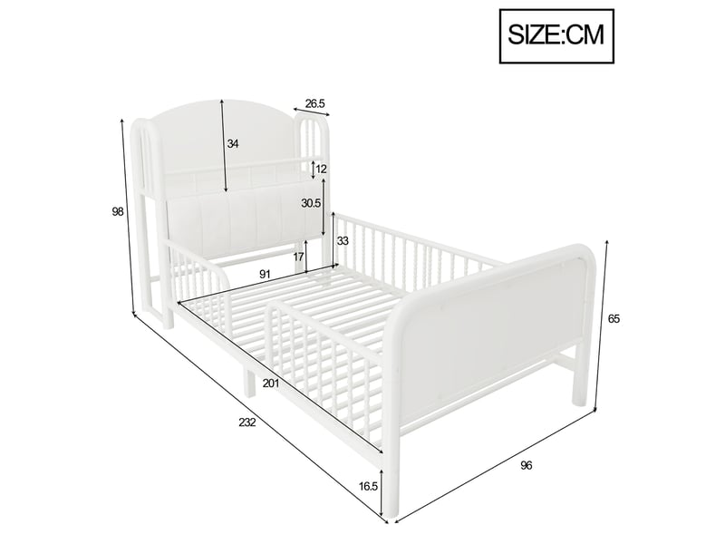  Lit simple 90x200 cm - lit enfant avec barrière de sécurité - tête de lit rembourrée avec rangement et led - blanc  - Conforama C