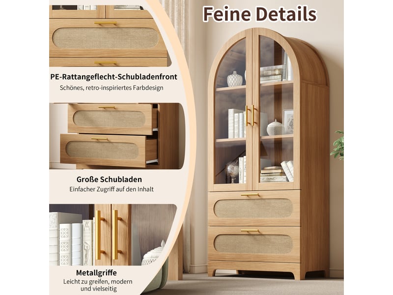 Lot de 2 vitrines 175x80x40 cm avec portes vitrées, 4 tiroirs effet rotin, étagères réglables, bibliothèque rétro montmartre en mdf effet chêne - Conforama E