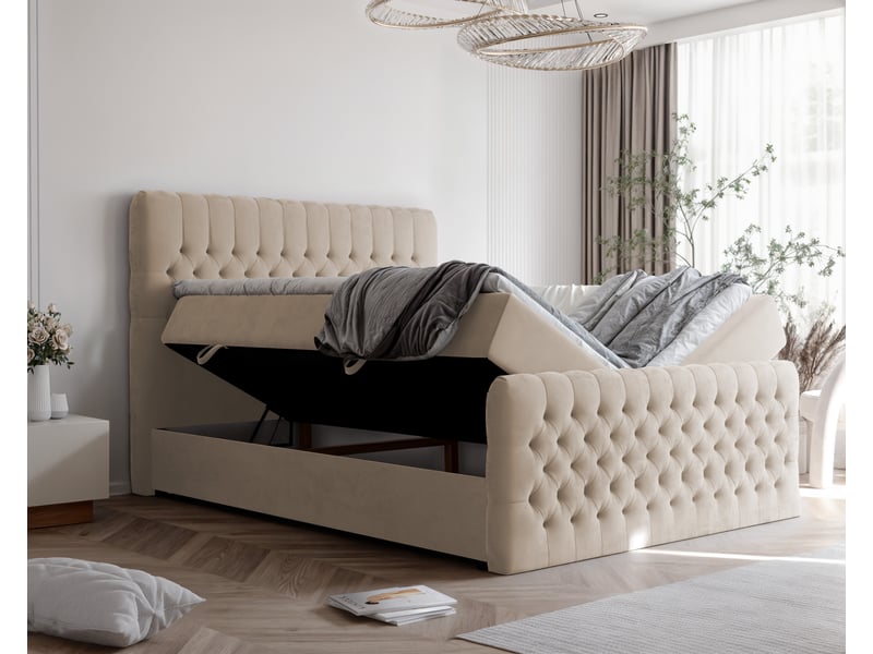  Lit adulte alba plus - 200x200 cm - matelas ressorts + surmatelas - coffre de rangement - velours dense hydrofuge beige clair ALBA PLUS - Conforama C