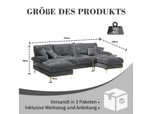 Canapé d'angle, canapé chenille – pour salon, pour appartement, en chenille, forme u