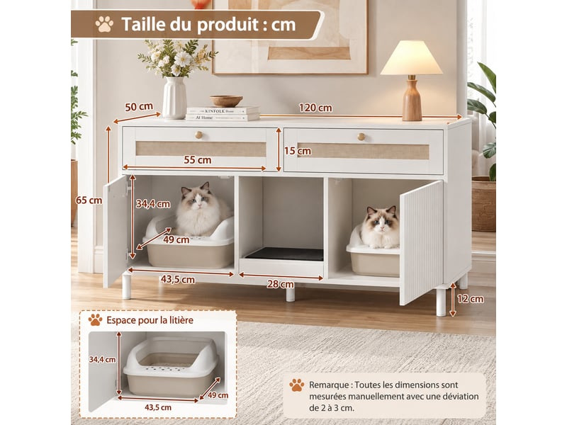  Meuble cache-litière blanc avec tiroir effet rotin, tapis de sortie et double espace fermé, 120x50x65 cm  - Conforama C