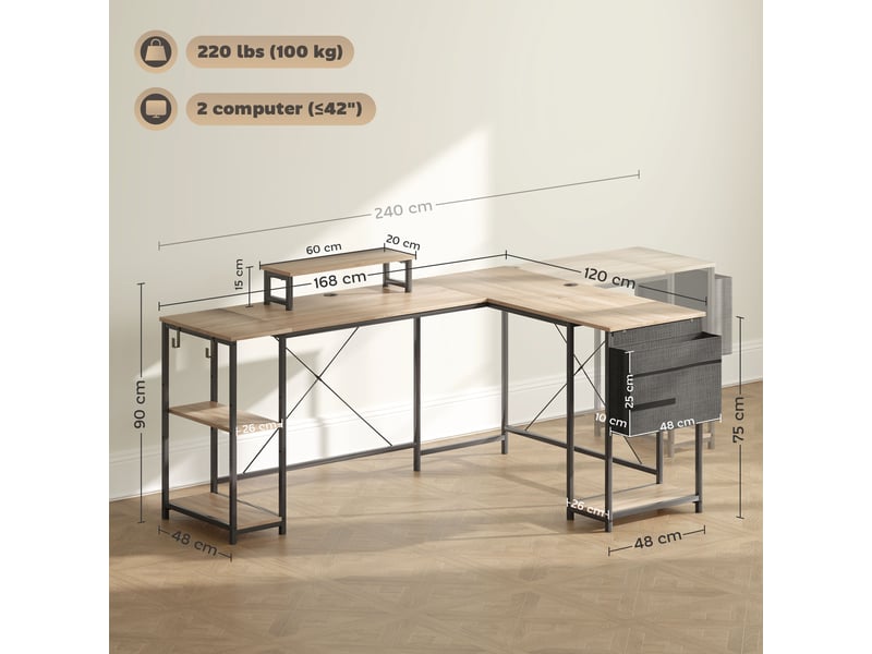  Bureau d'angle modulable réversible 168-240 cm style industriel - étagère réglable, sac de rangement, support d'écran  - Conforama D