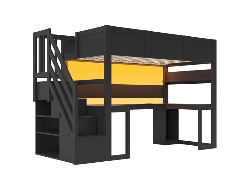Lit mezzanine 90x200 cm avec bureau, led, usb et rangements, noir, sans matelas - Conforama D
