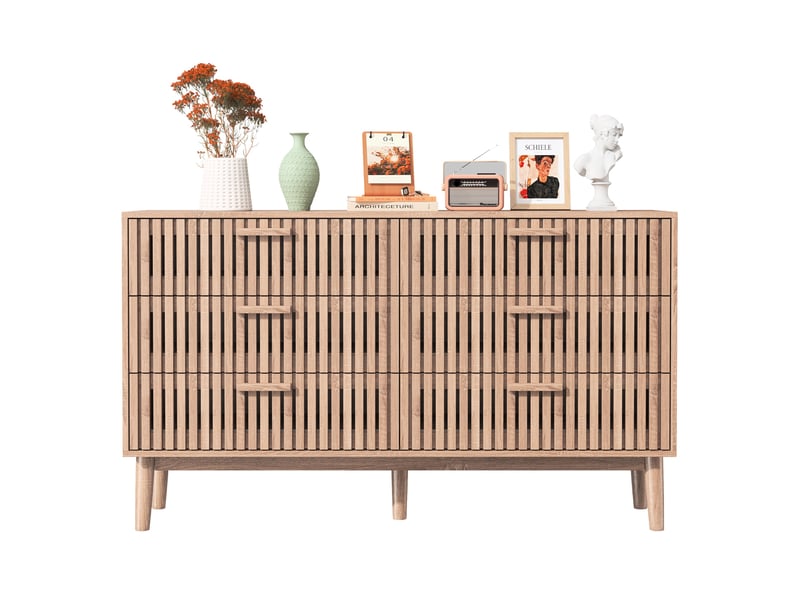 Commode 6 tiroirs en bois cannelé - buffet bas design scandinave - meuble de rangement pour chambre ou salon, chêne clair - Conforama A