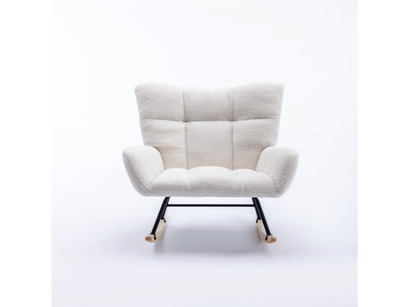 Fauteuil à bascule en tissu teddy avec poche, base en bois massif, blanc - Conforama A