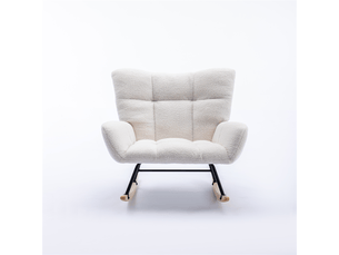 Fauteuil à bascule en tissu teddy avec poche, base en bois massif, blanc