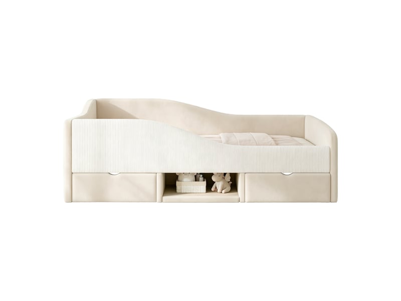  Lit 1 personne 90x190 cm - 2 tiroirs - lit avec rangement - lit rembourré en velours - barrières de sécurité beige  - Conforama R