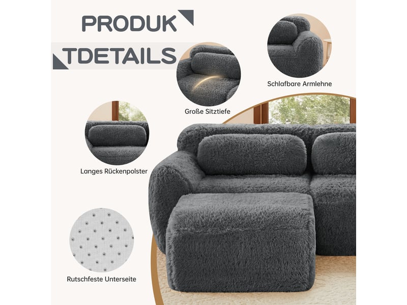  Canapé d'angle modulable 4 places gris tissu peluche sans montage design contemporain salon  - Conforama D