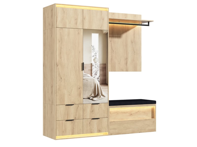  Garde-robe d'entrée 180x47x200 cm avec led, miroir, 2 tringles, 4 tiroirs, mdf, bois entrée et dressing pour chambre  - Conforama A