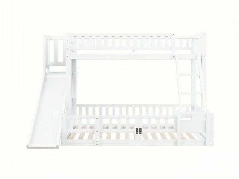  Lit superposé 90×200 + 140×200, toboggan, garde-corps, pin, en747, blanc  - Conforama A