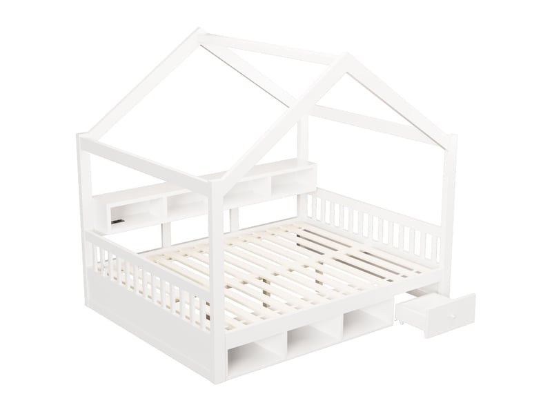  Lit cabane enfant 140x200 cm avec rangements, led et prises, blanc, sans matelas  - Conforama E