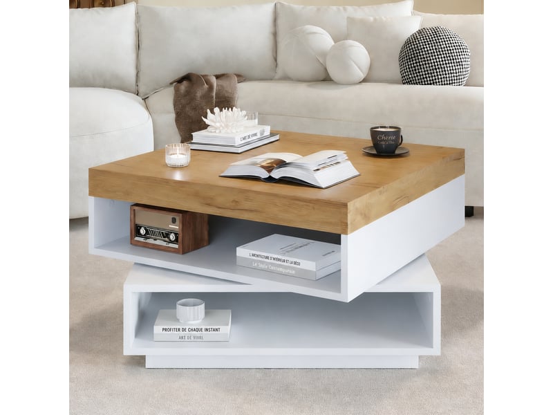 Table basse carrée 65 x 65 x 40 cm, plateau pivotant 360°, led et rangements, blanc et effet chêne - Conforama B