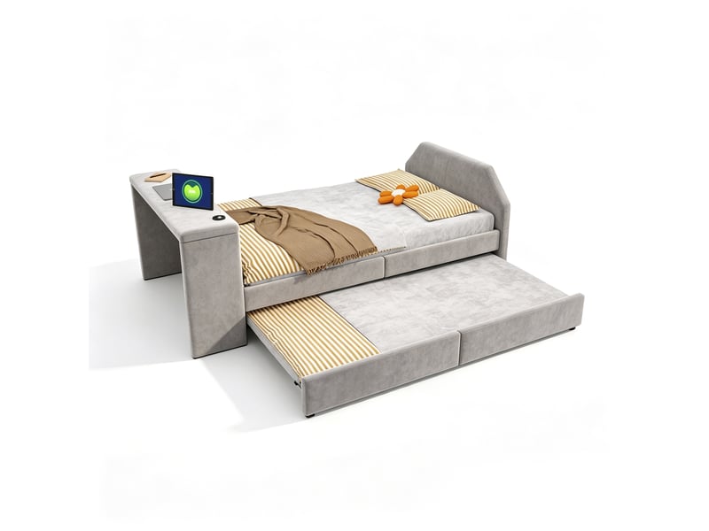  Lit gigogne 90x180200 cm avec bureau coloris gris tissu  - Conforama A