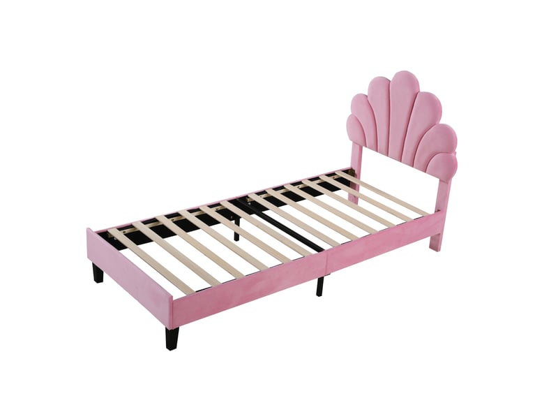  Lit enfant 90x200cm, sommier, lit simple, tête de lit en forme de fleur, velours rose, sans matelas  - Conforama E