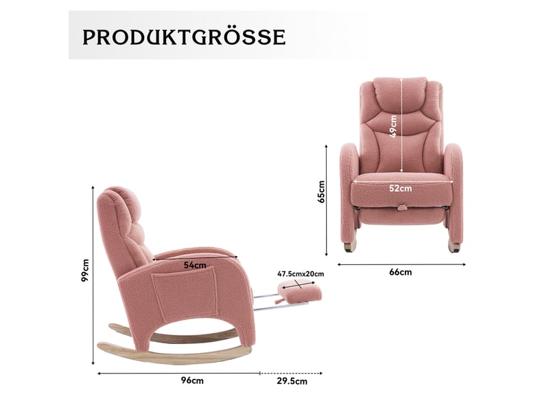  Fauteuil à bascule modenvie en tissu teddy rose avec repose-pieds pliable 66 x 125 x 101 cm  - Conforama C