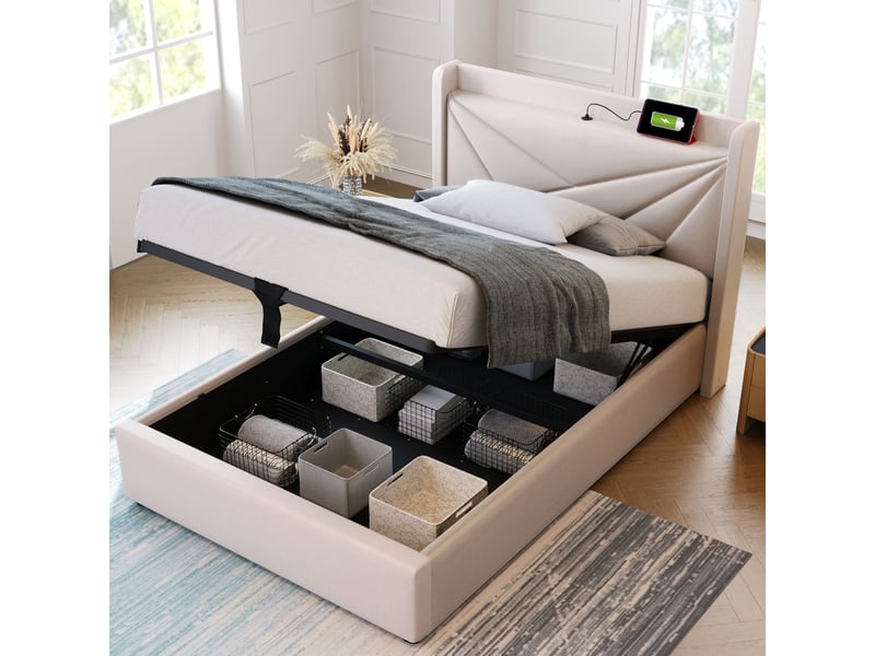  Lit simple capitonné 90x200 avec rangement de tête, usb type-c, coffre et matelas inclus, beige  - Conforama C